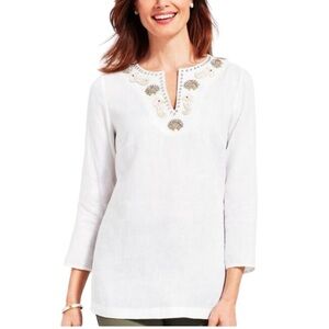 Talbots Beaded Ocean Design Linen Blouse